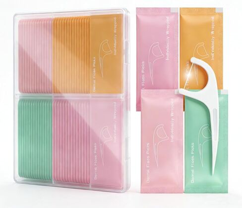 Individually Wrapped Floss Picks, 52 Count Multi-Color Oral Care Flossers for Adults with Handy Case, Mini Disposable Dental Floss Singles Bag for Travel, Hotel, Restaurant, Office, Car, Wedding in Kuwait