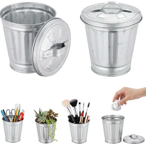2Pcs Mini Galvanized Trash Can with Lid, Mini Wastebasket Small Metal Buckets with Lids Mini Tabletop Metal Rubbish Bin Flower Pot Pen Holde Trash, Wastebaskets, 3.74", Silver in Saudi Arabia