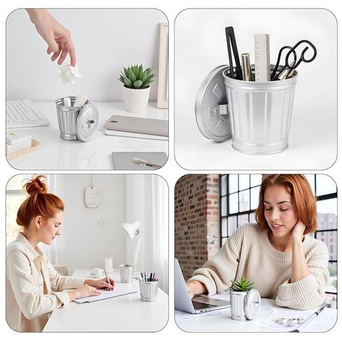 2Pcs Mini Galvanized Trash Can with Lid, Mini Wastebasket Small Metal Buckets with Lids Mini Tabletop Metal Rubbish Bin Flower Pot Pen Holde Trash, Wastebaskets, 3.74", Silver in Saudi Arabia
