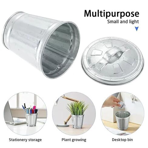 2Pcs Mini Galvanized Trash Can with Lid, Mini Wastebasket Small Metal Buckets with Lids Mini Tabletop Metal Rubbish Bin Flower Pot Pen Holde Trash, Wastebaskets, 3.74", Silver in Saudi Arabia
