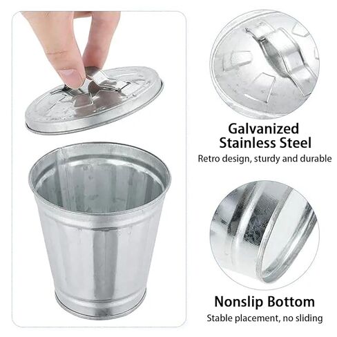 2Pcs Mini Galvanized Trash Can with Lid, Mini Wastebasket Small Metal Buckets with Lids Mini Tabletop Metal Rubbish Bin Flower Pot Pen Holde Trash, Wastebaskets, 3.74", Silver in Saudi Arabia