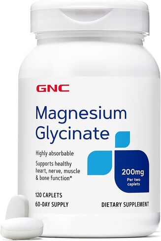 GNC Magnesium Glycinate, Dietary Supplement for Men & Women, Supports Heart, Nerve, Muscle & Bone Function, Highly Absorbable, Gluten Free, No Artificial Colors, Vegan, No Soy, 200mg, 120 Caplets in Saudi Arabia