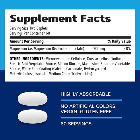 GNC Magnesium Glycinate, Dietary Supplement for Men & Women, Supports Heart, Nerve, Muscle & Bone Function, Highly Absorbable, Gluten Free, No Artificial Colors, Vegan, No Soy, 200mg, 120 Caplets in Saudi Arabia