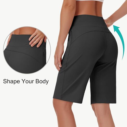 Mivei Womens' 9" Bermuda Short with Zipper Pockets High Waisted Stretch Pickleball Athletic Workout Running Casual Long Short in Saudi Arabia