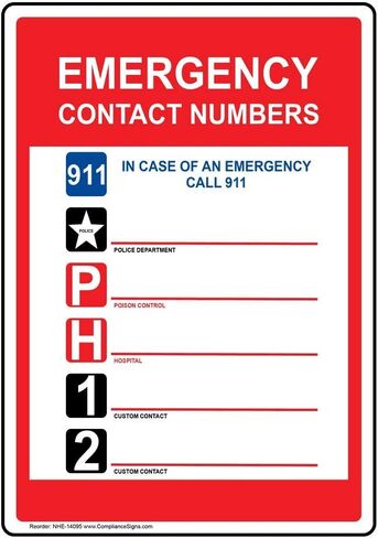 ComplianceSigns.com Emergency Contact Numbers 911 Sign, 10x7 inch Aluminum for Emergency Response in Saudi Arabia