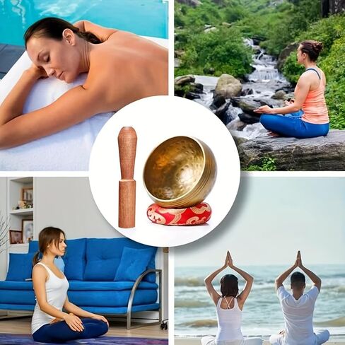 Tibetan Singing Bowl Set 3PC 3.15 Inch Meditation Sound Bowl Copper Handcrafted Yoga Mindfulness Chakra Sound Healing Kit with Mallet Cushion Spiritual Relaxation Tool Gold in Saudi Arabia