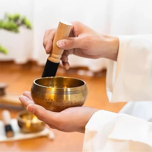 Tibetan Singing Bowl Set 3PC 3.15 Inch Meditation Sound Bowl Copper Handcrafted Yoga Mindfulness Chakra Sound Healing Kit with Mallet Cushion Spiritual Relaxation Tool Gold in Saudi Arabia