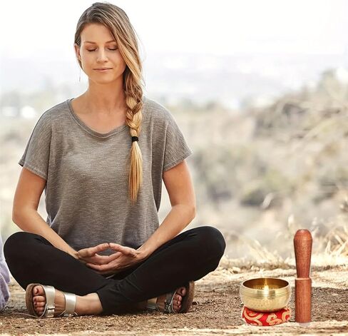 Tibetan Singing Bowl Set 3PC 3.15 Inch Meditation Sound Bowl Copper Handcrafted Yoga Mindfulness Chakra Sound Healing Kit with Mallet Cushion Spiritual Relaxation Tool Gold in Saudi Arabia
