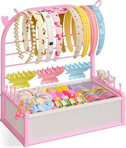 Headband Holder Organizer for Girls, White Hair Accessories Storage Stand with Adjustable Fabric Storage Box, Deer Antler Design Rack for Scrunchies, Bows, Clips & Hair Ties in Saudi Arabia