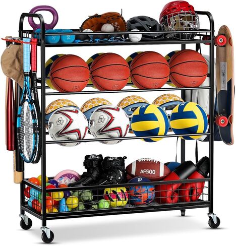 Garage Sports Equipment Organizer with Wheels - Golf Bag Storage Rack and Ball Storage Bins, Heavy Duty Rolling Garage Organizer System with Basket and Hooks for Indoor/Outdoor Sports Gear in Saudi Arabia