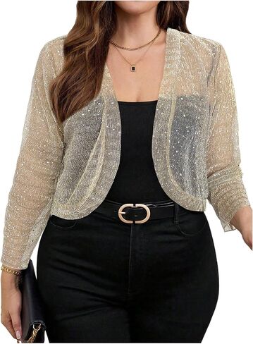 WDIRARA Women's Plus Size Sparkly Sequin Sheer Bolero Shrug Open Front Long Sleeve Party Cropped Cardigan in Saudi Arabia
