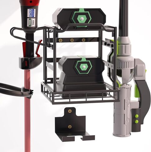 Power Tool Organizer Wall Mount, Lawn Tool Storage Rack for Leaf Blower, Weed Eater, Battery, Charger - Yard Tool Storage Organizer with Storage Hook for Hanging Basement Garage Trimmer/Tool (Black) in Kuwait