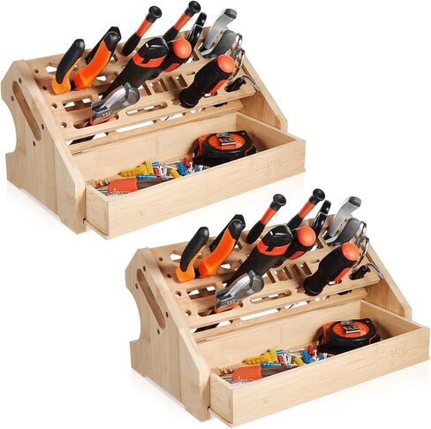 2 Pcs Bamboo Screwdriver Organizer Rack Desktop Hand Tool Holder Boxes Storage Organizers with Drawer for Screwdriver Scissors Small Repair Tools in Kuwait