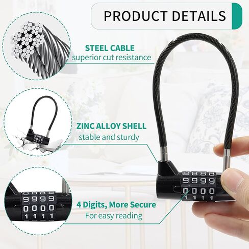 4 Digit Combination Lock for Locker, 6.8 Inch Resettable Combination Padlock with Steel Cable Rope, Waterproof Outdoor Small Cable Lock for Cabinet, Gym, Fence, Toolbox, Luggage (Black) in Saudi Arabia