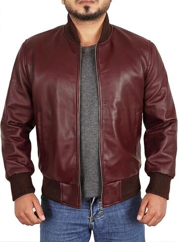 Leather Bomber Jacket Men - Ribbed Style Casual Varsity Real Lambskin Mens Leather Jacket Moto Fashion in Saudi Arabia