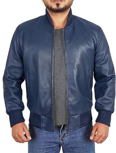 Leather Bomber Jacket Men - Ribbed Style Casual Varsity Real Lambskin Mens Leather Jacket Moto Fashion in Saudi Arabia