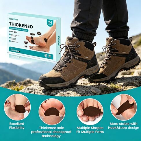 Promifun Blister Prevention Tape Moleskin Pads for Feet Mole Skin Patch Blister Bandages for Feet Heel Shoes Padding-Traveling Essential-24 Pieces of 4 Shapes,Brown in Saudi Arabia