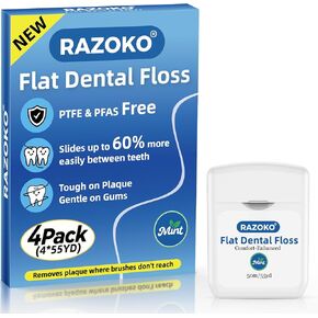 خيط تنظيف الأسنان المسطح من RAZOKO، خالٍ من PFAS وPTFE، مقاوم للتمزيق، لطيف على اللثة وصديق للأطفال، فائق النعومة للتنظيف العميق، نعناع، ​​4 بكرات (إجمالي 220 ياردة) in Kuwait