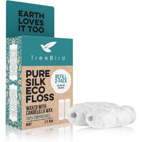 عبوات خيط تنظيف الأسنان من الحرير النقي من تري بيرد | عبوة من 2 × بكرات خيط تنظيف الأسنان الحريرية بطول 33 ياردة | مشمع بشمع كانديليلا | نعناع in Kuwait