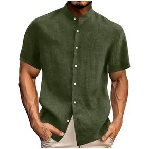 Linen Shirts for Men Big and Tall Resort Wear Casual Short Sleeve Mandarin Collar Full Placket Summer Beach Shirt Top in Kuwait