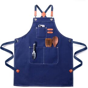 Chef Apron for Men Women with Pockets,Cross Back Cotton Canvas Plus Size Apron for Cooking BBQ Baking Gardening in Kuwait