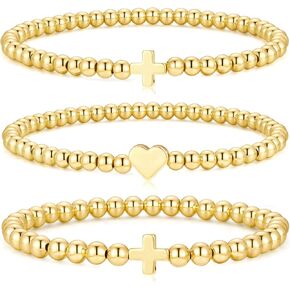 M MOOHAM Gold Beaded Bracelets for Women - Dainty14K Gold Plated Beaded Ball Pearl Cross Bracelet Set Stack Stretch Bracelet for Women Trendy Non Tarnish Adjustable Jewelry Gifts in Kuwait