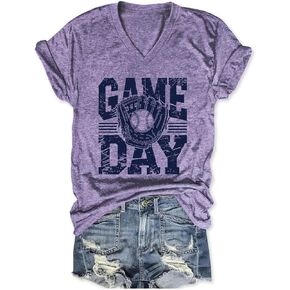 قمصان البيسبول للنساء مضحك لعبة البيسبول يوم الرسم تي شيرت الرياضة أمي قميص عارضة قصيرة الأكمام الخامس الرقبة المحملات in Kuwait