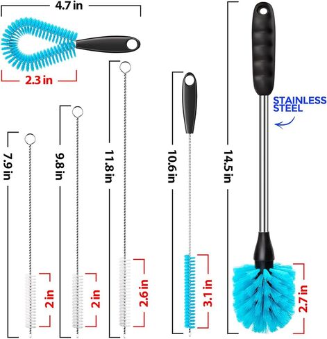 Holikme 6 Pack Bottle Brush Set, 14.5" Long Handle Stainless Steel Bottle Cleaner Brush, Long-Handled 6-in-1 Stainless Steel Bottle Brushes for Water Bottle, Cups, Abrasive Wheel Brushes, Blue in Saudi Arabia