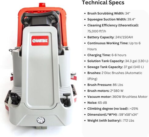ماكينة تنظيف الأرضيات للركوب SM860، فرشتان مزدوجتان مقاس 17 بوصة، إنتاجية تبلغ 80,000 قدم مربع في الساعة، ومحلول سعة 34.3 جالونًا وخزانات استرداد سعة 37 جالونًا، ومنظف أرضيات تجاري يعمل بالبطارية in Kuwait