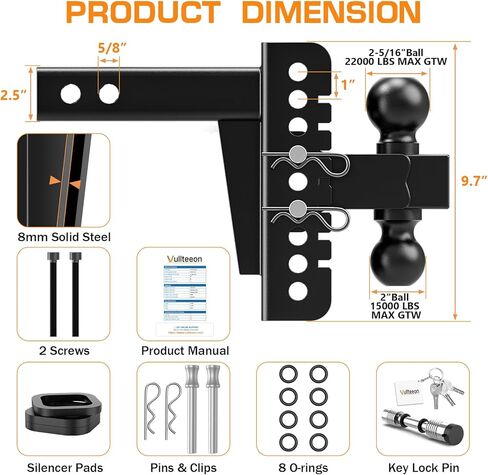 وصلة مقطورة قابلة للتعديل - وصلة قطرة تناسب جهاز الاستقبال مقاس 2 بوصة، وصلة ربط شاحنة 8 بوصة مع كرة مزدوجة (2 بوصة و2-5/16 بوصة)، بحد أقصى 20000 رطل GTW، وصلة سحب شديدة التحمل مع دبابيس مضادة للسرقة وأقفال كروية in Kuwait