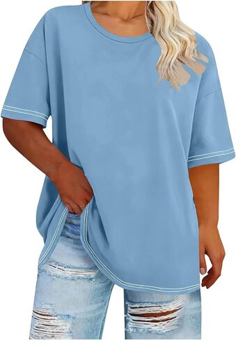 Oversized Tops for Women Summer Plus Size Crewneck Loose Fitted Shirts Solid Basic Casual Going Out Plain Blouse in Saudi Arabia