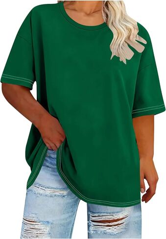 Oversized Tops for Women Summer Plus Size Crewneck Loose Fitted Shirts Solid Basic Casual Going Out Plain Blouse in Saudi Arabia