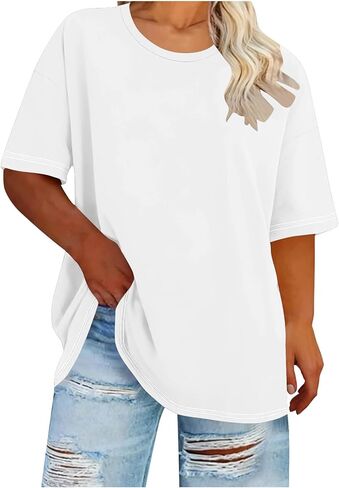 Oversized Tops for Women Summer Plus Size Crewneck Loose Fitted Shirts Solid Basic Casual Going Out Plain Blouse in Saudi Arabia