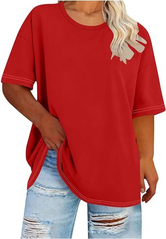 Oversized Tops for Women Summer Plus Size Crewneck Loose Fitted Shirts Solid Basic Casual Going Out Plain Blouse in Saudi Arabia