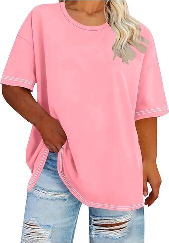 Oversized Tops for Women Summer Plus Size Crewneck Loose Fitted Shirts Solid Basic Casual Going Out Plain Blouse in Saudi Arabia