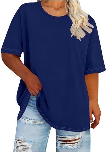 Oversized Tops for Women Summer Plus Size Crewneck Loose Fitted Shirts Solid Basic Casual Going Out Plain Blouse in Saudi Arabia