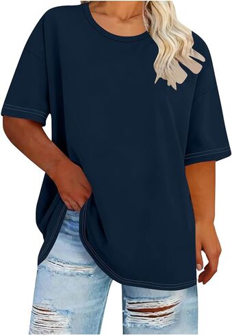 Oversized Tops for Women Summer Plus Size Crewneck Loose Fitted Shirts Solid Basic Casual Going Out Plain Blouse in Saudi Arabia