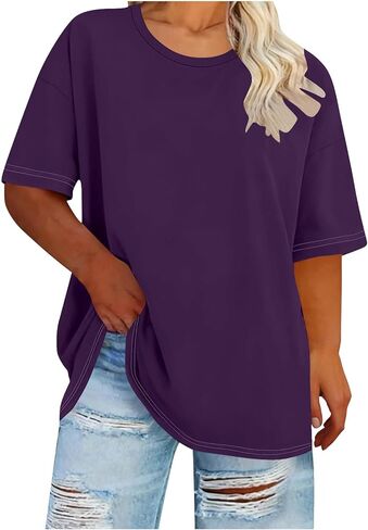 Oversized Tops for Women Summer Plus Size Crewneck Loose Fitted Shirts Solid Basic Casual Going Out Plain Blouse in Saudi Arabia