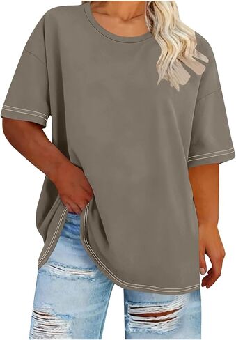 Oversized Tops for Women Summer Plus Size Crewneck Loose Fitted Shirts Solid Basic Casual Going Out Plain Blouse in Saudi Arabia