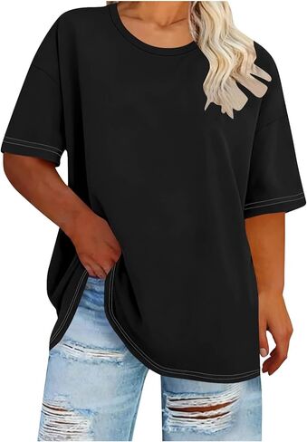 Oversized Tops for Women Summer Plus Size Crewneck Loose Fitted Shirts Solid Basic Casual Going Out Plain Blouse in Saudi Arabia