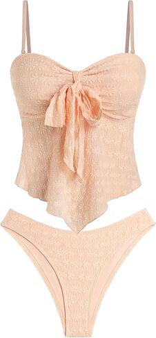 ZAFUL Tankini ملابس السباحة للنساء قطعتين من ملابس السباحة ذات الكشكشة الأمامية والدانتيل ذات القطع العالي بدون حمالات in Saudi Arabia