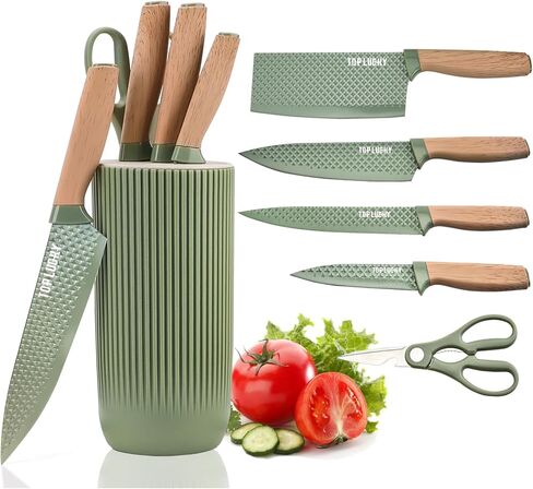 Green Knife Set, 6 Pieces Professional Kitchen Knife Set with Universal Knife Block, Super Sharp Knife Set with Ergonomic Handle Non-stick Stainless Steel Knife Block Set (Green) in Saudi Arabia