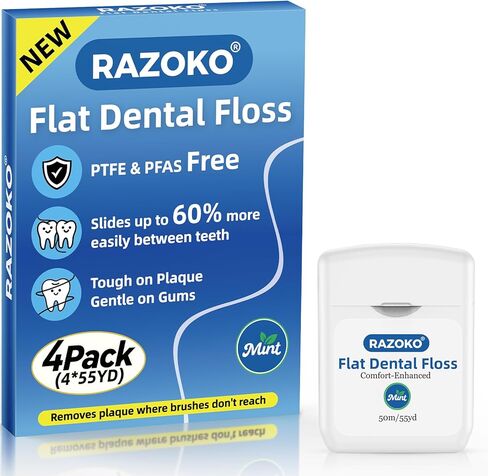 خيط تنظيف الأسنان المسطح من RAZOKO، خالٍ من PFAS وPTFE، مقاوم للتمزيق، لطيف على اللثة وصديق للأطفال، فائق النعومة للتنظيف العميق، نعناع، ​​4 بكرات (إجمالي 220 ياردة) in Saudi Arabia