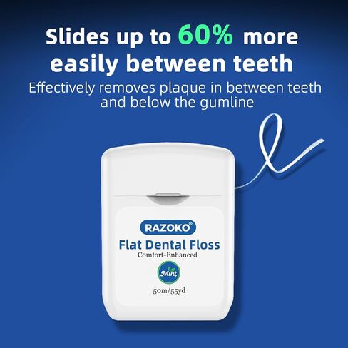 خيط تنظيف الأسنان المسطح من RAZOKO، خالٍ من PFAS وPTFE، مقاوم للتمزيق، لطيف على اللثة وصديق للأطفال، فائق النعومة للتنظيف العميق، نعناع، ​​4 بكرات (إجمالي 220 ياردة) in Kuwait