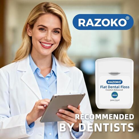 خيط تنظيف الأسنان المسطح من RAZOKO، خالٍ من PFAS وPTFE، مقاوم للتمزيق، لطيف على اللثة وصديق للأطفال، فائق النعومة للتنظيف العميق، نعناع، ​​4 بكرات (إجمالي 220 ياردة) in Kuwait