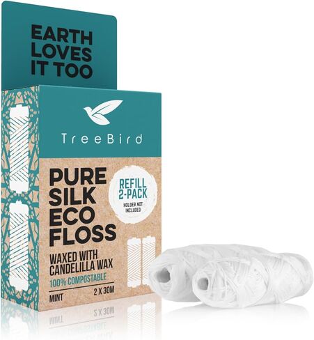 عبوات خيط تنظيف الأسنان من الحرير النقي من تري بيرد | عبوة من 2 × بكرات خيط تنظيف الأسنان الحريرية بطول 33 ياردة | مشمع بشمع كانديليلا | نعناع in Kuwait