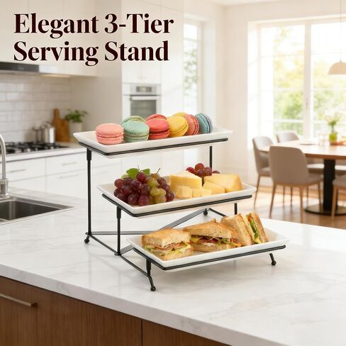 صينية تقديم Farielyn-X ذات 3 طبقات، أطباق تقديم طعام من البلاستيك الأبيض مقاس 30.48 سم، حامل صينية قابل لإعادة الاستخدام، حامل معدني أسود قابل للطي مع قضبان متقاطعة ثابتة، حوامل عرض للحفلات لفواكه الخضروات والحلوى in Kuwait