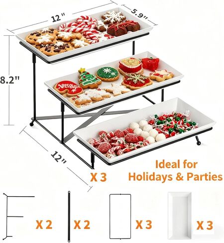 صينية تقديم Farielyn-X ذات 3 طبقات، أطباق تقديم طعام من البلاستيك الأبيض مقاس 30.48 سم، حامل صينية قابل لإعادة الاستخدام، حامل معدني أسود قابل للطي مع قضبان متقاطعة ثابتة، حوامل عرض للحفلات لفواكه الخضروات والحلوى in Kuwait