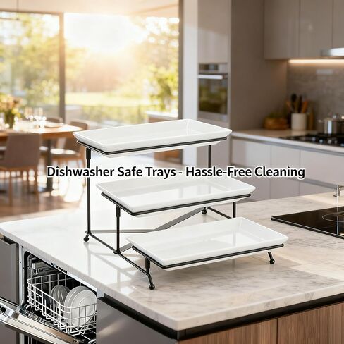 صينية تقديم Farielyn-X ذات 3 طبقات، أطباق تقديم طعام من البلاستيك الأبيض مقاس 30.48 سم، حامل صينية قابل لإعادة الاستخدام، حامل معدني أسود قابل للطي مع قضبان متقاطعة ثابتة، حوامل عرض للحفلات لفواكه الخضروات والحلوى in Kuwait