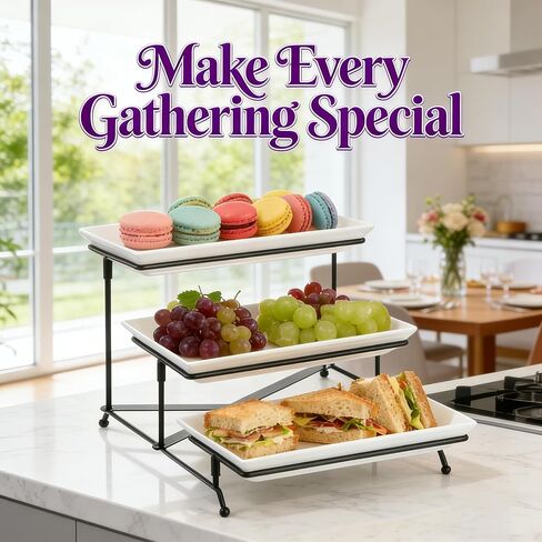 صينية تقديم Farielyn-X ذات 3 طبقات، أطباق تقديم طعام من البلاستيك الأبيض مقاس 30.48 سم، حامل صينية قابل لإعادة الاستخدام، حامل معدني أسود قابل للطي مع قضبان متقاطعة ثابتة، حوامل عرض للحفلات لفواكه الخضروات والحلوى in Kuwait